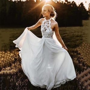 Spets chiffon boho bröllopsklänning halter pärlor golvlängd en linje bohemiska brudklänningar mantel de mariage 2020 utomhus bröllopsklänning2573