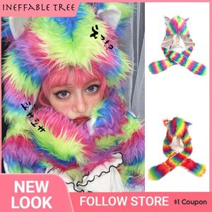 Beanie/Skull Caps Y2K Millennial Tie Japanese Harajuku Rainbow Fur Faux päls Huven Cat Ear Scarf Gloves Chapeus Feminino Bomber Gorras 230811