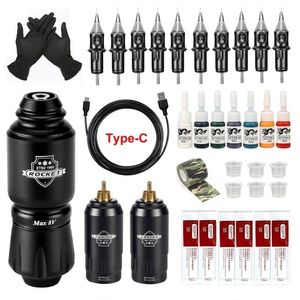 Tattoo Machine Rocket Mini Tattoo Kit Rotary Complete WX5 Tattoo Netzteil 10pcs Patronennadeln Tattoo -Maschinenstift -Sets mit 2 Batterien 230811