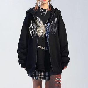 Kvinnors hoodies fjäril tryckt kvinnor tröjor sport blixtlås hoodie cardigan coat harajuku high street grunge
