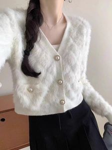 Women's Knits Sweet Fluffy Sweaters For Women V-neck Button Fashion Knitwear Y2k Tops 2023 Mujer Korean Casual Cropped Cardigan Pull Femme