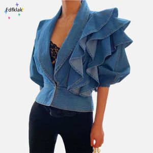 Herrjackor FDFKLAK Autumn Korean Fashion Slim V-hals Ruffled långärmad kort denimjacka för kvinnor kläder streetwear veste femme 230811