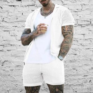 Herrespår 2 -stycke uppsättning 2023 Summer Tracksuit Men Sexy Mesh See Through Short Sleeve Top and Shorts Passar Man Casual Matching Outfits