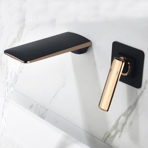 Black and Rose Gold Wall Mounted Bathroom Basin Sink Faucet Waterfall Bathtub Single Handle Solid Brass Hot & Cold Mixer Tap