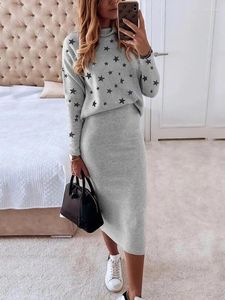 Work Dresses Fitshinling Fashion Two Pieces Set Stars Print Tops And Skirts Women Matching Sets 2023 Casual Autumn Winter Outfits Suits