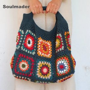 Akşam çantaları tığ işi boho şık büyükanne kare gran tote çanta bej mavi pazar çantası vintage stil hippi yaz plaj çantası toptan 230811