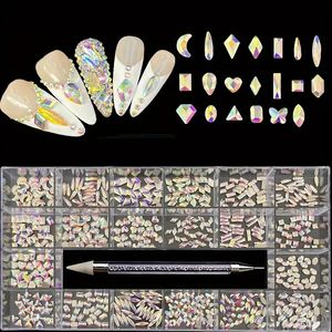 21 Gitter, Multi -Formen -Nagelkunst -Strass -Steine ​​-Kit, 3D -Nagelbrand Glaskristall Flachback -Nagel -Edelsteine ​​mit Doppelkopfpunkt -Bohrstift für Nagel -DIY -Kunsthandwerk