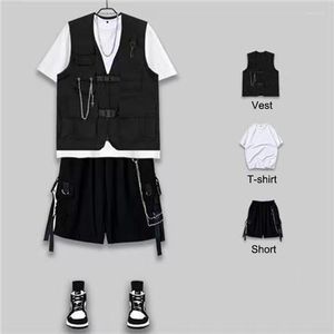 Men's Tracksuits ARENS Techwear Goth Gothic Suit Clothing Vest Short Sleeve Male Punk Rave Shorts Set Streetwear Hip Hop 3-Piece