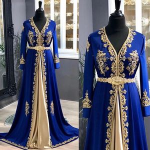 Elegant Royal Blue Moroccan Kaftan Evening Dresses V-Neck Long Sleeves Floor Length Formal Party Gowns Gold Lace Appliques Beaded Traditional