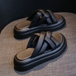 Summer Women patform Slippers Wedges Leather Sandals Beach Shoes Outdoor Quality Comfortable Soft Non-Slip Black White