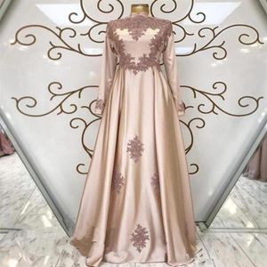 Eleganckie islam muzułmańskie sukienki wieczorowe długie rękawy Wysokie szyja Line Lace Applique Sukienka na balsame sukienki Plus Arabskie sukienki kaftan 20215s