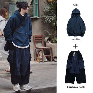Mensu -trajes Houzhou define calças de carga de veludo para homens moletom solto de moletom de streetwear japonês preto Hiajuku outono 230811