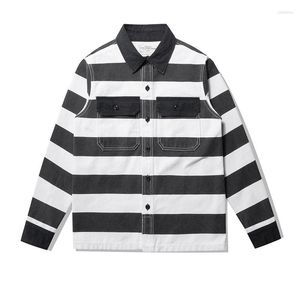 Men's Jackets Prisoner Stripe Jacket Men Thick Canvas Cityboy Japan Streetwear Fashion Vintage Loose Casual Amikaki Motorcycle Coat