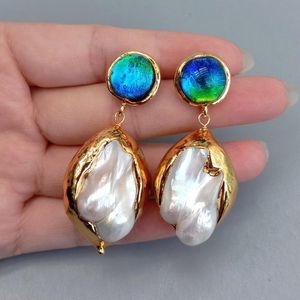 Stud Yygem 24x32mm White Shell 15mm Blue Murano Glass Gold Plated Stud Dangle örhängen för festsmycken 230811