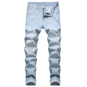 Mens jeans stora hål rak blå elastisk vår och sommar casual byxor mode 90 -talet för män 230811