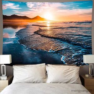 Tapestries Blue Ocean Waves Tapestry Sunset Clouds Nature Art Wall Hanging Wall Cloth Cushion Background Blanket Home Decor R230812