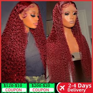 Synthetic s 13x4 Deep Curly Lace Frontal Transparent 99J Burgundy 360 Full Front Red Colored HD Wave Human Hair 230811