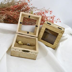 Presentförpackning rustik fyrkantig trä smycken ring låda transparent lock par ringar för förlovningsbröllop ceremoni förslag