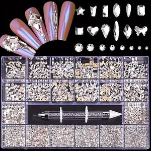 21grid,Flat Back Nail Art Rhinestones For DIY Or Nail Salon,Mixed Shaped Crystal Nail Art Gemstones Set With Drill Pen