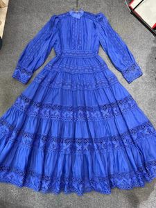 Lässige Kleider 2023 Herbstkleid Lange Kleid hochwertige Frauen Häkeln Spitze Stickerei Patchwork Ärmel schwarz blau grün Maxi -Tunika