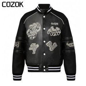 Mens Jackets PU Leather Jacket Men Women Autumn Loose High Street Letter Print Motorcycle Baseball Bomber Outwear Casual Vintage Coat 230811