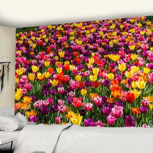 Tapestries Tulip Flower Pattern Tapestry Wall Hanging Garden Tapestry Art Dormitory Home Bedroom Background Wall Decoration Picnic Cloth