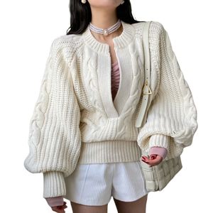 New design women's autumn deep v-neck lantern long sleeve loose knitted sweater tops