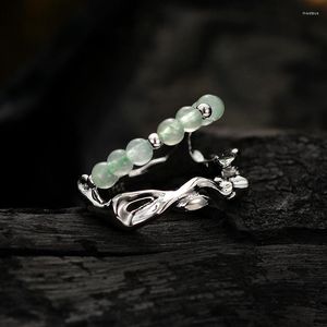 Küme halkaları mlkenly S925 Sterling Silve Rgreen Doğal Dongling Jade Açık Yüzük Süsleme El yapımı kakma Retro Kadınlar Güzel Mücevherat