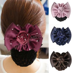 Satin Rose Flower Rhinestone Hair Clip for Women Sköterska Hårklor Stora Bow Barrettes Bowknot Bun Snood Hairagrips