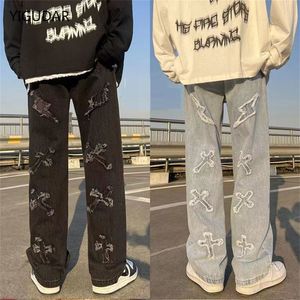 Herrenhose Denim Fashion Lose Wide Leg Jeans lässig Streetwear Printed Crosshose Jeans Baggy Männer 230812