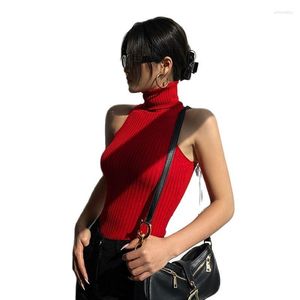 Kvinnors tröjor Kvinnor Black Off Shoulder Tank Tops Sticked Turtleneck Fashion 2023 Summer Skinny Round Neck Solid Crop