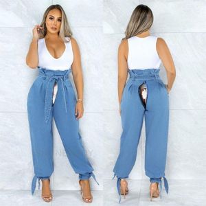 Kvinnors jeans sommar osynliga öppna säte byxor rippade hög midja jumpsuit denim byxor kvinnlig bred benbalk fötter utomhus sex