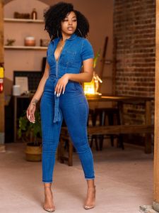 Kvinnors jumpsuits Rompers Denim Jumpsuits Overalls For Women Polo Collar Zipper Kort ärmar Bodysuit Summer Small Leg Pants Skinny Jeans Female Jumpsuit 230811