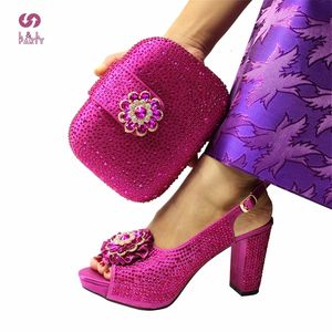 Dress Shoes Magenta Color Special Arrivals African Women Shoes and Bag Set Comfortable Heels with Shinning Crystal for Wedding 230811