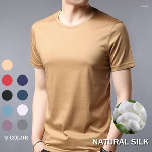 Camisetas masculinas 9 coloras de seda misturada de manga curta verão pescoço redondo de alta qualidade de alta camiseta masculina roupas sólidas pretas vermelhas vermelhas