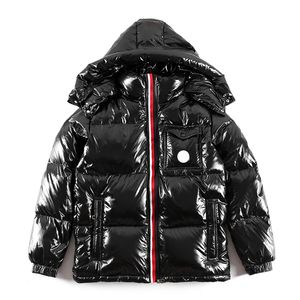 Bunte Knopfleiste, doppelte Reißverschlüsse, Herren-Daunenjacke, Brusttasche, Abzeichen, Kapuze, Pufferjacke, abnehmbarer Hut, Mantel, Winter-Daunenjacken, Größe