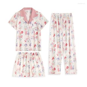 Kvinnors sömnkläder Kvinnor Pyjamas Spring Summer Short Sleeve Shorts Pants Three Piece Set Print Flower Satin Home Clothes Pijamas Suit