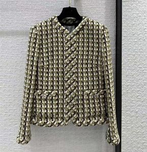 European and American women's clothing 2023 autumn new Round neck, long sleeves, green pockets fashion The tweed jacket