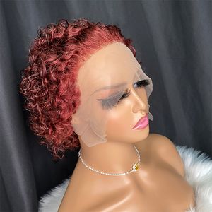 Vinho da malaio Red Human Human Human Pixie Cut 13x1 Wig Ajustável Lace Front Wig Peruano Indian Malaysian