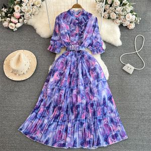 Basic Casual Dresses 2024 Summer Vintage Tie-dye Printing Women Dress With Sashes Stand Collar Ruffles Half Sleeve Ladies Pleated Dresses Elegant Vestidos