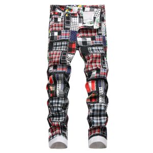 メンズジーンズの男性格子縞のデジタルプリントジーンズファッションパッチパッチワークストレッチデニムパンツスリムストレートズボン230812