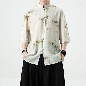Erkekler Sıradan Gömlek M-5XL Artı Boyut Erkekler Pamuk ve Keten Kısa Kollu Gömlek Bambu Baskılı Sokak Giyim Yaz Düğümü Düğmesi Üstleri