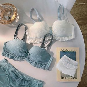 Bras Setleri RoseHeart Kadın Moda Mavi Beyaz Seksi iç çamaşırı Bralette Dantel Yay Pamuk Panties Kablosuz Sütun iç çamaşırı A B kadın
