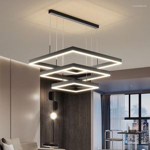 Pendant Lamps Room Kitchen Accesories Home Decor Lusters Fixture Modern Led Square Lights With Remote Control Black For Bedroom Living