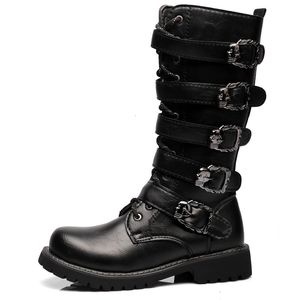 Stövlar herre läder motorcykel midcalf militär strid gotisk bälte punk män skor taktisk armé boot botas hombre 230812