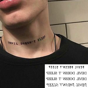 Tatuagens temporárias Tattoo impermeável adesivo preto diabo não dorme as letras inglesas TATOO FLASH TATTO FALHO PULHO DE NUCHO PARA MULHER HOMENS 230812