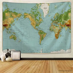 Tapisserier Världskarta Tapestry Högdefinition Map Fabric Wall Hanging Decor Akvarell Map Table Cover för heminredning R230812