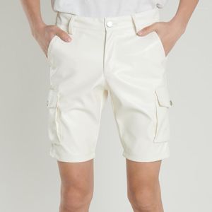 Men's Shorts #2218 Black White Cargo Men Side Pockets Slim Faux Leather Joggers Elastic PU Homme Thin Summer