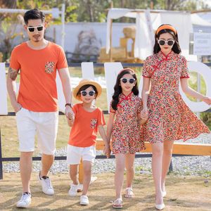 Family Matching Outfits Summer Family Matching Outfits Mother Daughter Cheongsam Dresses Dad Son Cotton T-shirt Shorts Holiday Matching Couple Clothes