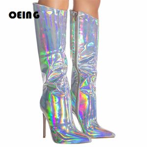 Stövlar Autumn Women Metallic Leather Knee High Boots Female Pointed Toe Stiletto Boots Beauties Mirror Laser Leather Party Dress Shoes 230811